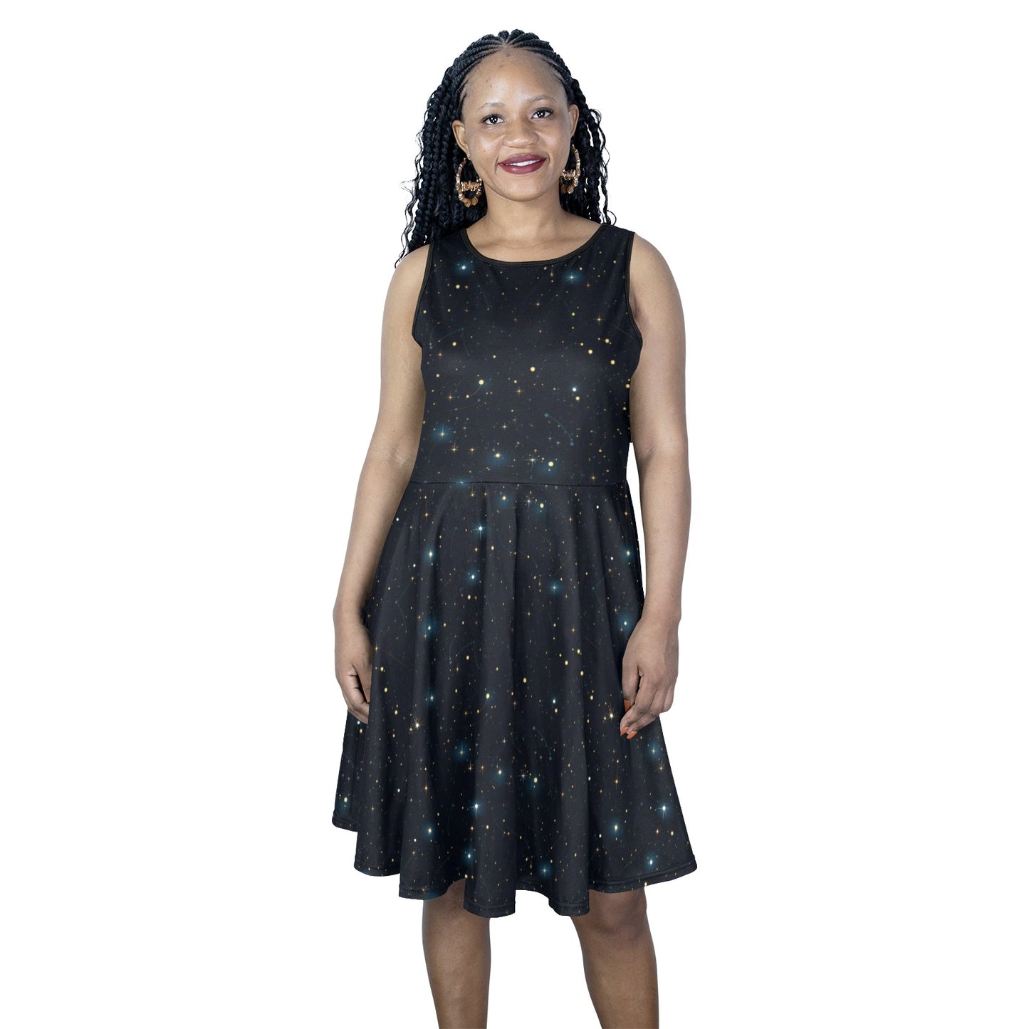 Constellation Midi Dress, Space Galaxy Women Sleeveless Cute Designer Elegant Plus Size Ladies Expansion Cocktail Party Summer Designer - Starcove Fashion