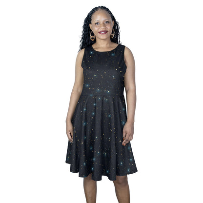 Constellation Midi Dress, Space Galaxy Women Sleeveless Cute Designer Elegant Plus Size Ladies Expansion Cocktail Party Summer Designer - Starcove Fashion