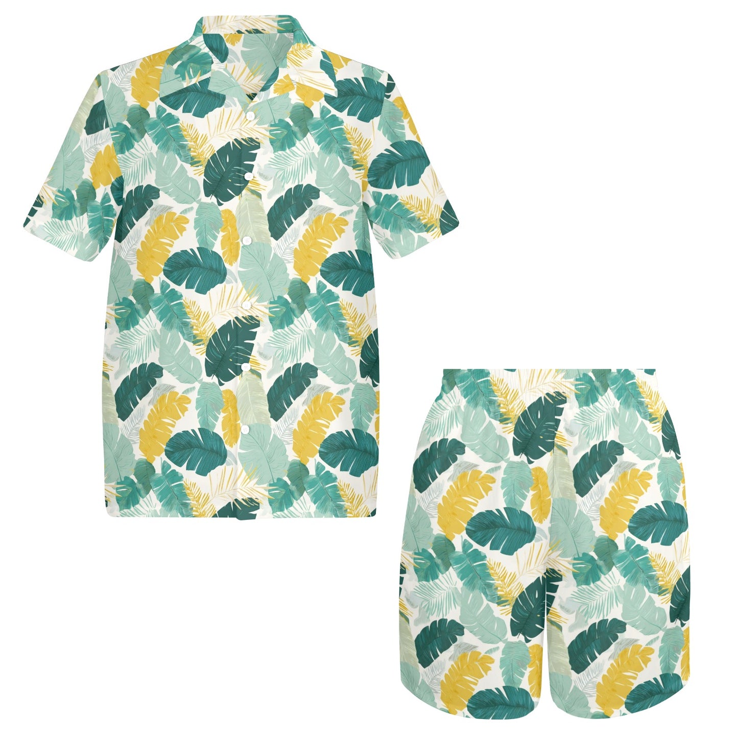 Tropical Leaf Shirt Shorts Outfit Set Men, Plants Banana Palm Tree Green Beach Sea Hawaiian Beach Male Guys Short Sleeve Button Up Down Luau
