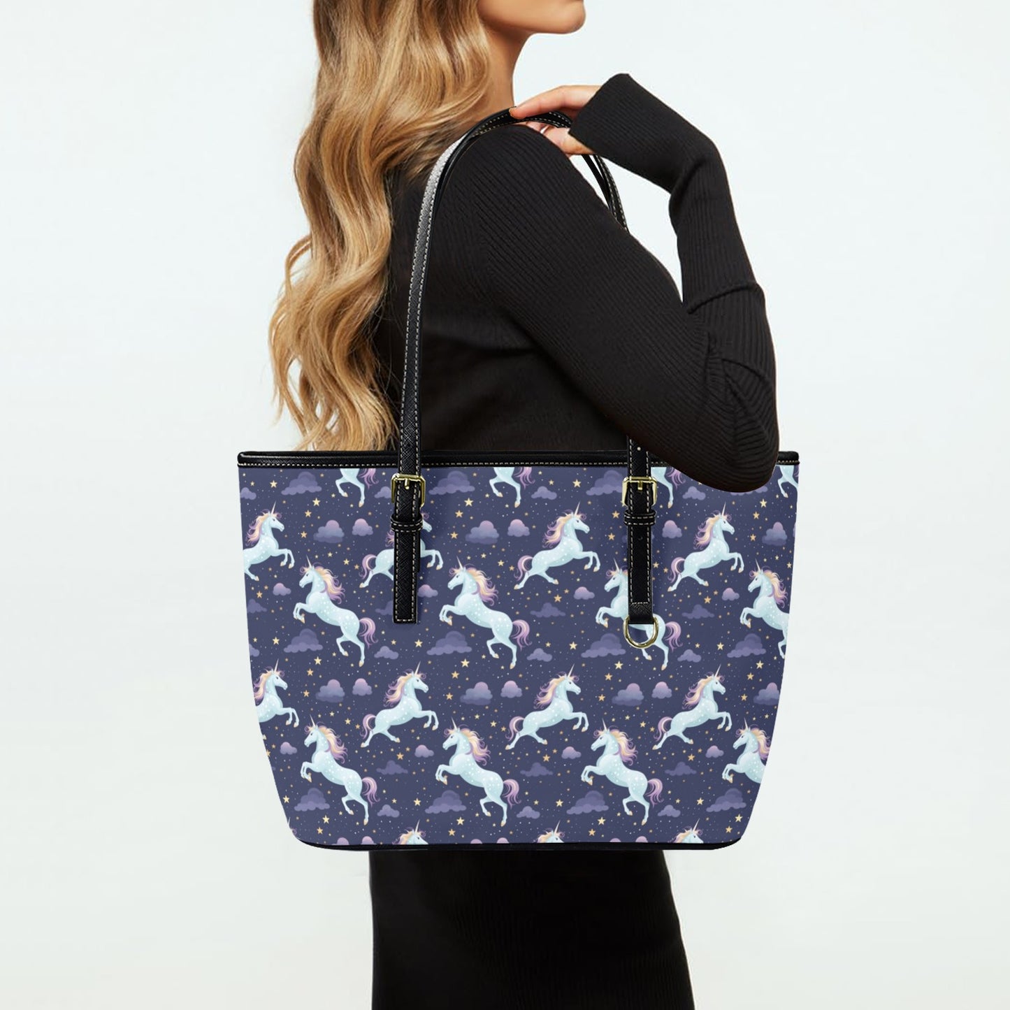 Unicorn Tote Bag Purse, Space Stars Purple Art Women Vegan Leather Handbag  Zip on Top Designer Handmade Shoulder Ladies Bag