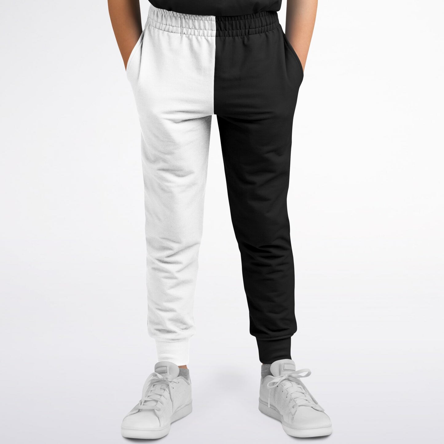 Half Black Half White Kids Joggers Sweatpants Pockets, Two Tone Split Color Block Youth Boys Fleece Fun Comfy Sweats Girls Pants Loungewear