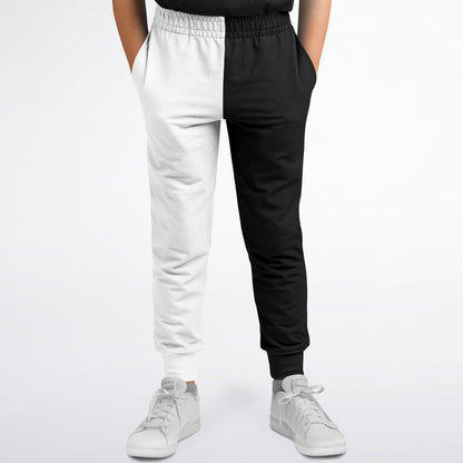 Half Black Half White Kids Joggers Sweatpants Pockets, Two Tone Split Color Block Youth Boys Fleece Fun Comfy Sweats Girls Pants Loungewear