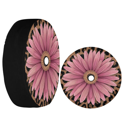Pink Leopard Daisy Car Spare Tire Cover, Cheetah Back Rear Extra Wheel Floral Flowers Black Camera Hole Unique Women  RV Camper Auto