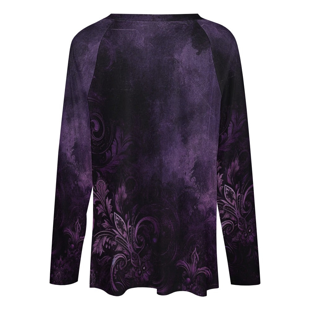 Purple Women Long Sleeve Tshirt loose fit, Floral Gothic Distressed Relaxed V-neck Designer Graphic Aesthetic Ladies Female Tee Top Shirt