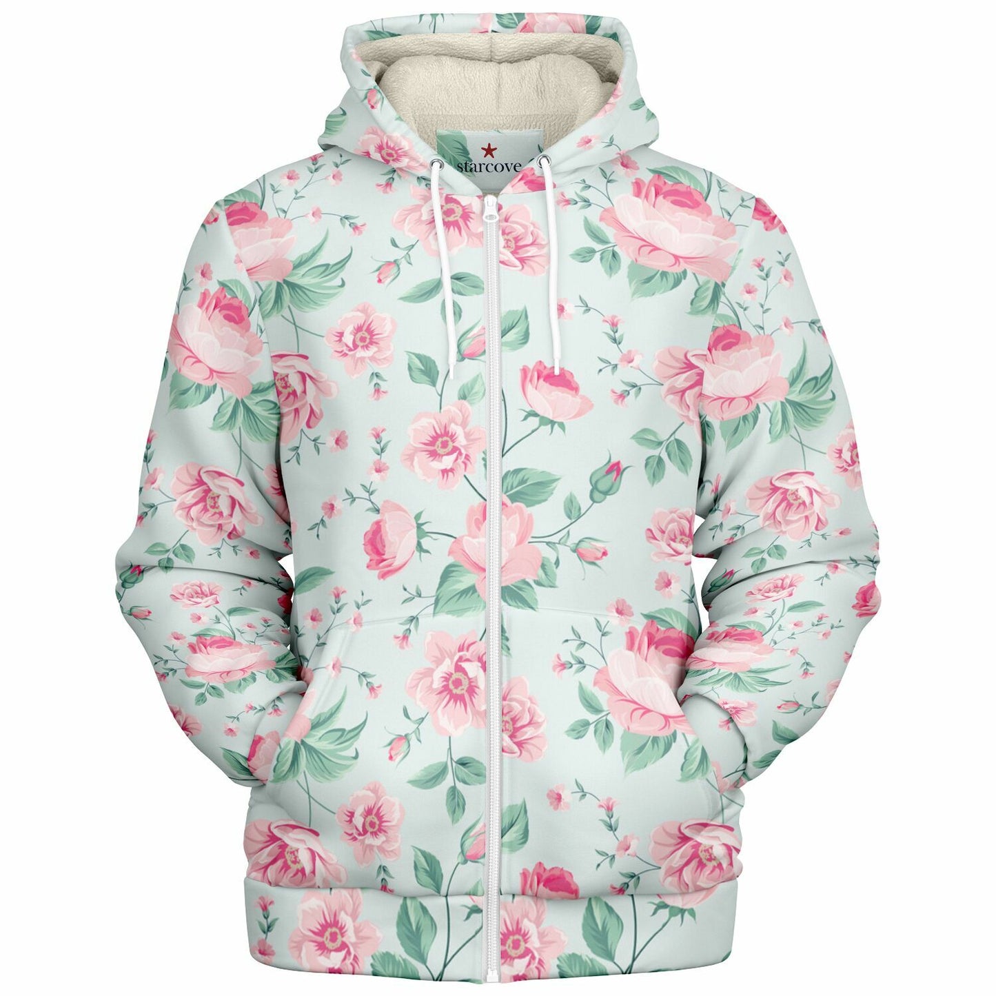 Pink Green Floral Zip Up Fleece Lined Hoodie, Flowers Peony Blossom Heavyweight Full Zipper Pocket Men Women Unisex Hooded Sweatshirt Jacket