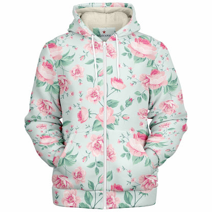 Pink Green Floral Zip Up Fleece Lined Hoodie, Flowers Peony Blossom Heavyweight Full Zipper Pocket Men Women Unisex Hooded Sweatshirt Jacket