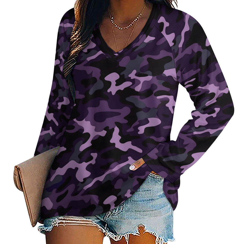 Purple Camo Women Long Sleeve Tshirt loose fit, Camouflage Relaxed V-neck Designer Graphic Aesthetic Ladies Female Tee Top Shirt Streetwear - Starcove Fashion
