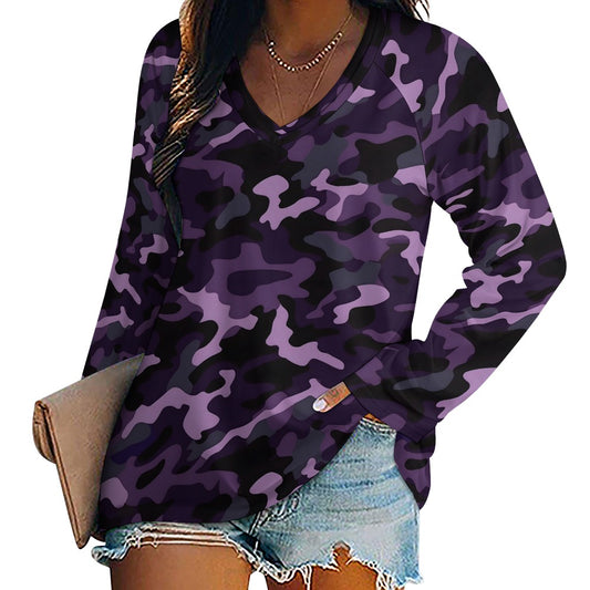 Purple Camo Women Long Sleeve Tshirt loose fit, Camouflage Relaxed V-neck Designer Graphic Aesthetic Ladies Female Tee Top Shirt Streetwear