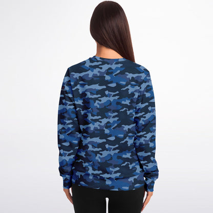 Blue Camo Sweatshirt, Camouflage Dark Navy Crewneck Fleece Cotton Sweater Jumper Pullover Men Women Adult Aesthetic Designer Top