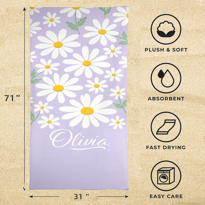 Daisy  Personalized Beach Towel, Custom Floral Customized Name Pool Microfiber Large Swim Quick Dry Kids Adult Men Women Cotton Blanket