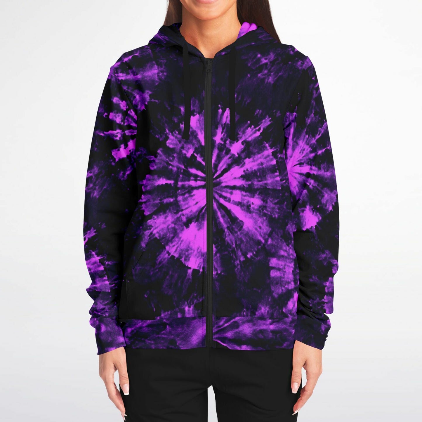 Black Purple Tie Dye Zip Up Hoodie, Full Zipper Pocket Men Women Unisex Adult Aesthetic Graphic Cotton Fleece Hooded Sweatshirt
