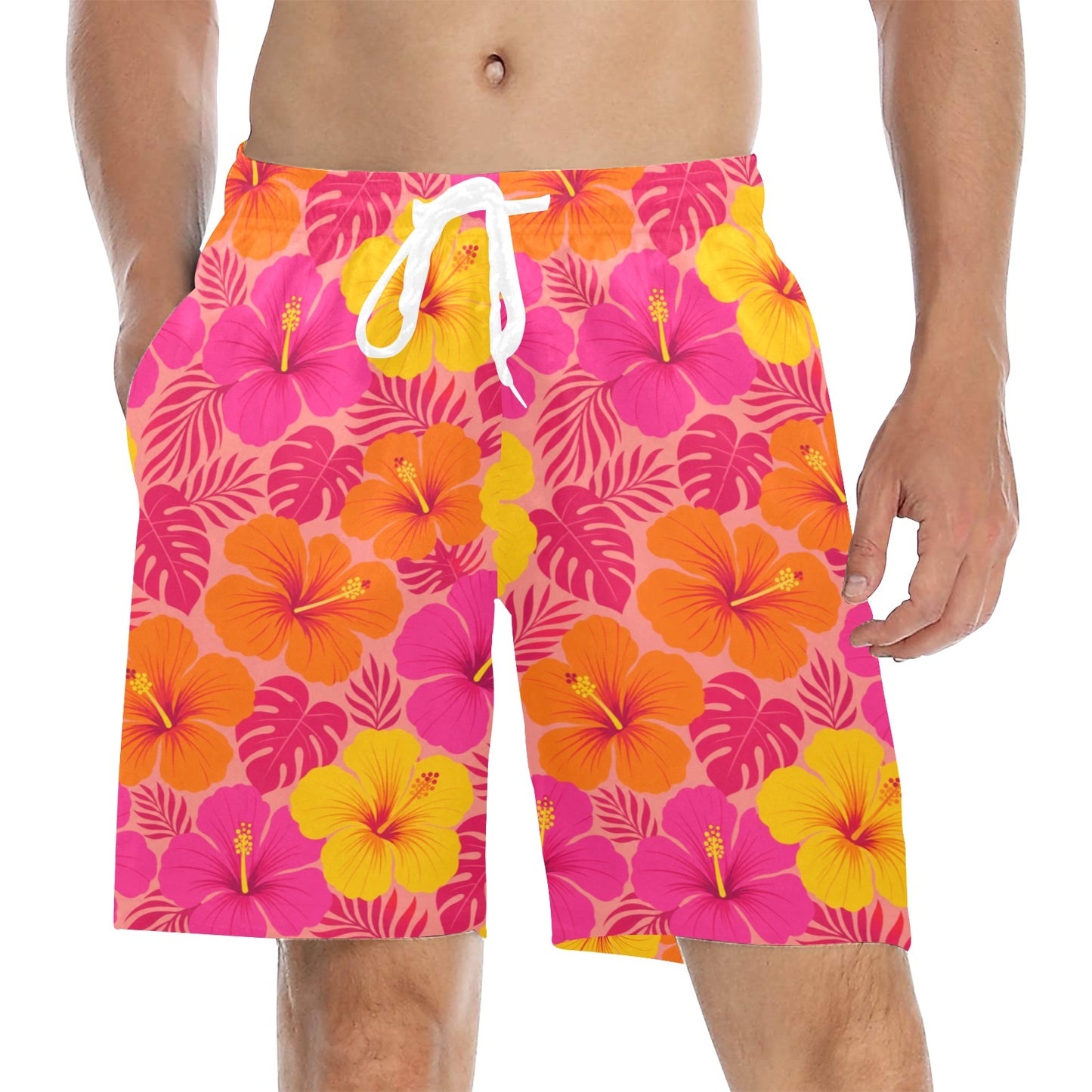 Matching Couple Swimwear Set, Tropical Hibiscus Bikini Set Pink Orange Floral Top High Waisted Cheeky Bottom Swimsuit Bathing Suit Two Piece