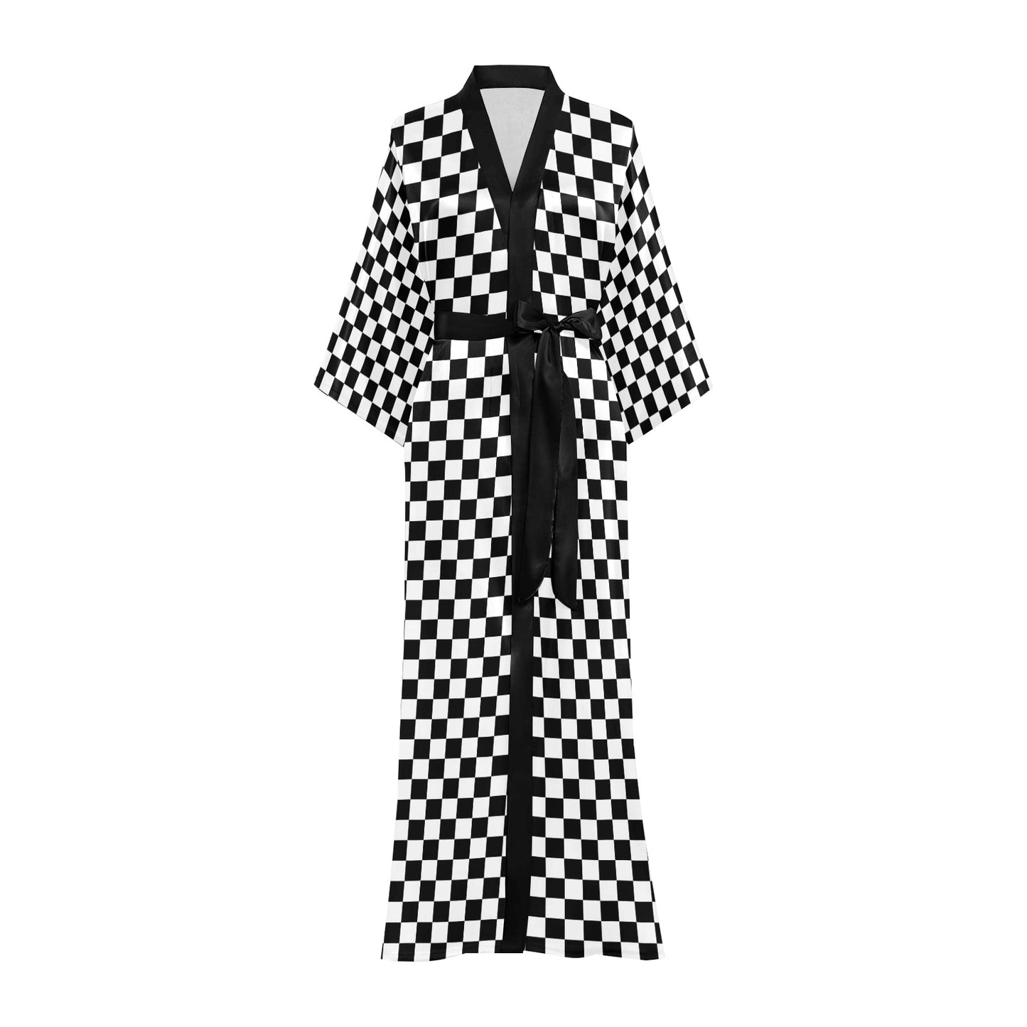Checkered Kimono Robe, Black White Check Racing Flag Japanese Chinese Women Ladies Long Lounge Sleepwear Bathrobe Pajamas