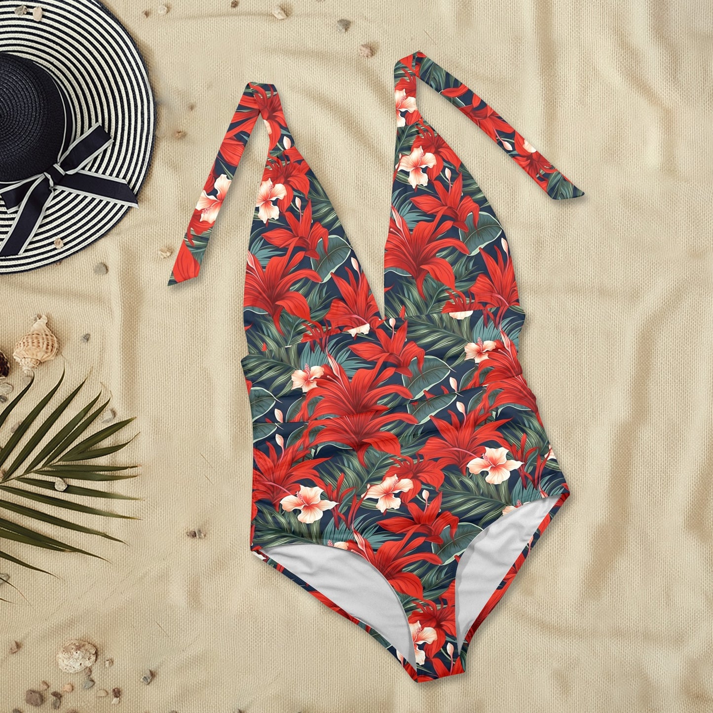 Tropical Red One Piece Swimsuit Women, Floral Flowers Plunge Halter Backless Designer Swim Swimming Costume Bathing Suits Ladies Swimwear