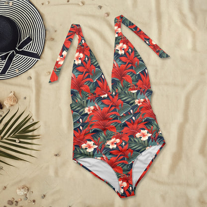 Tropical Red One Piece Swimsuit Women, Floral Flowers Plunge Halter Backless Designer Swim Swimming Costume Bathing Suits Ladies Swimwear
