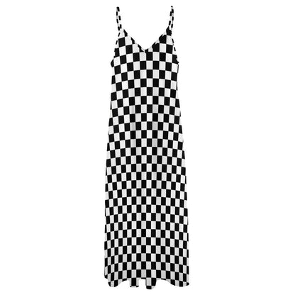 Checkered Maxi Dress, Black White Check Long Spaghetti Straps Flowy Women Sleeveless Casual Designer Elegant Plus Size Cocktail Party Summer
