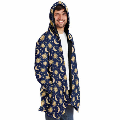 Sun Moon Hooded Cloak, Blue Navy Celestial Cosmic Space Coat Men Women Ladies Winter Warm Mink Fleece Blanket Robe Wearable Cape Pockets
