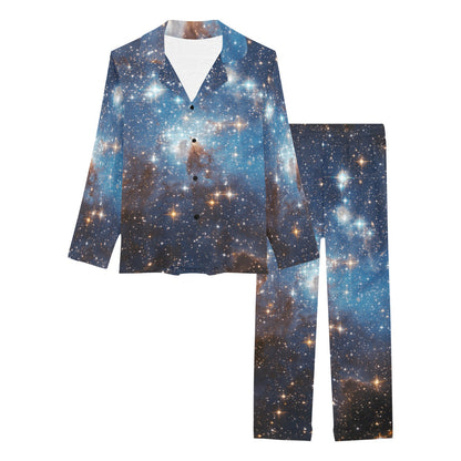 Galaxy Space Women Pajama Set, Blue Ladies Female 2 Piece Pants Print Top PJs Holiday Long Sleeve Sleep Sleepwear Cute Adults Nightwear