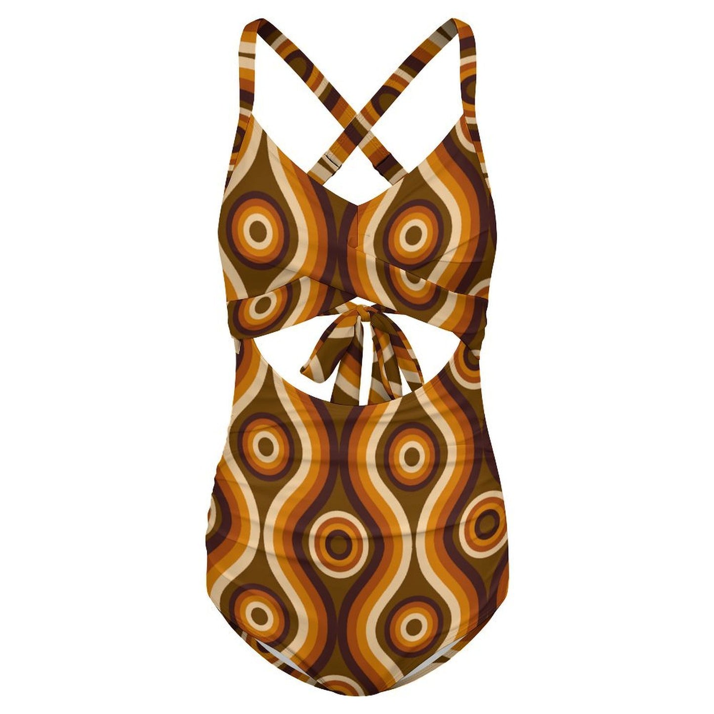 70s Wavy One Piece Swimsuit Women, Retro Vintage Brown Party Cut Out Tummy Control Designer Swim 1 Swimming Bathing Suits Ladies Swimwear