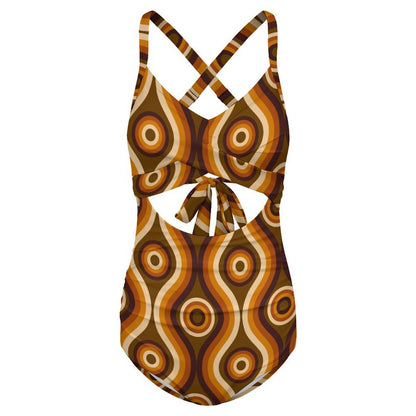 70s Wavy One Piece Swimsuit Women, Retro Vintage Brown Party Cut Out Tummy Control Designer Swim 1 Swimming Bathing Suits Ladies Swimwear
