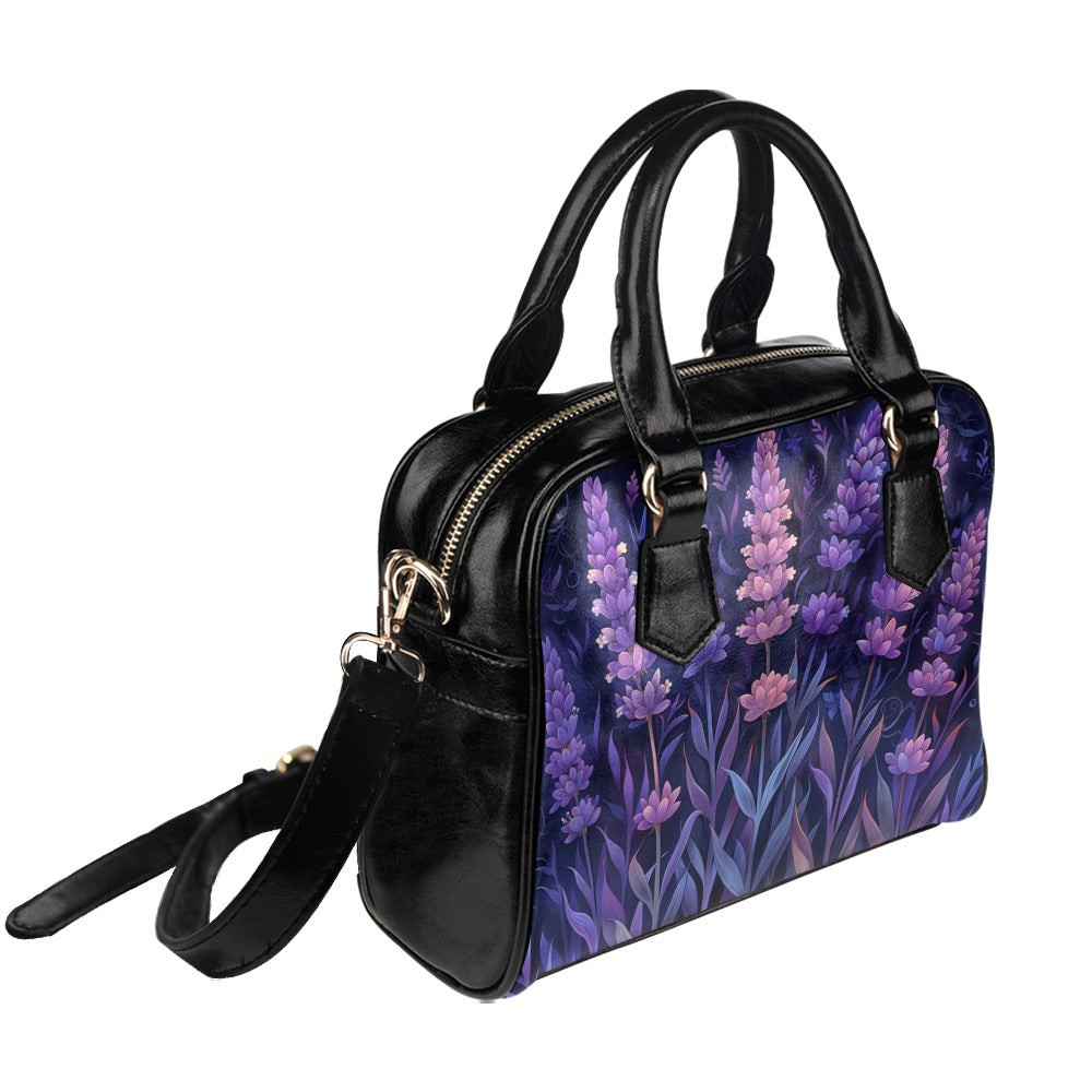 Lavender Floral Purse, Boho Flowers Purple Pattern Cute Small Shoulder Zip Bag Vegan Leather Women Designer Handbag Crossbody Ladies