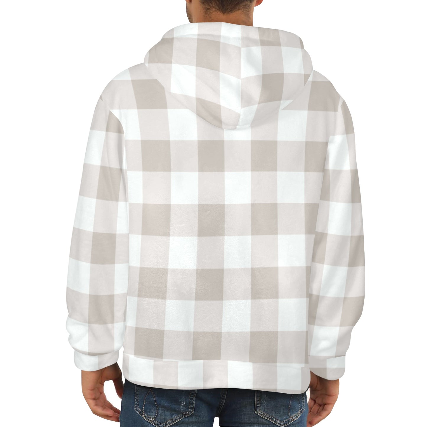Beige White Buffalo Plaid Flannel Hoodie, Cream Check Fleece Lined Heavyweight Pocket Men Women Unisex Graphic Hooded Sweatshirt Jacket