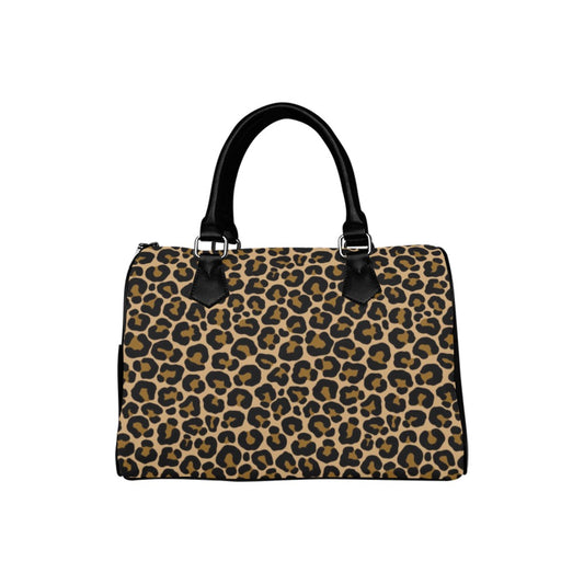 Leopard Print Purse Handbag, Animal Cheetah Brown Canvas and Leather Top Handle Boston Barrel Type Designer Accessory Women Ladies Bag Purse