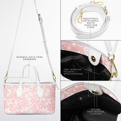 Pink Floral Tote Bag Purse, Flowers White Vegan Leather Print Handbag Women Zip Top Small Designer Handmade Shoulder Crossbody
