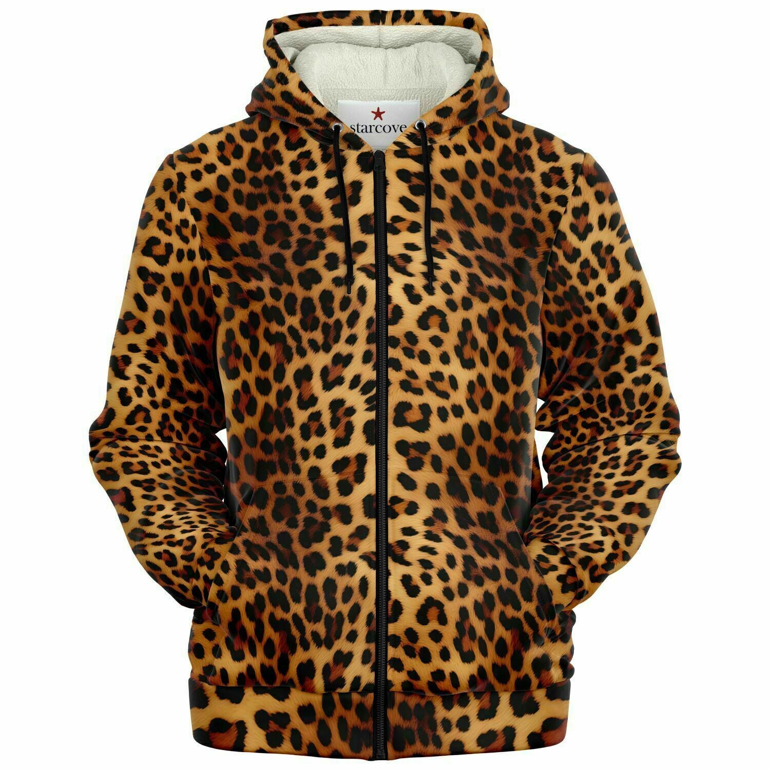 Leopard Zip Up Fleece Hoodie, Animal Print Cheetah Full Zipper Pocket Men Women Unisex Adult Aesthetic Graphic Hooded Sweatshirt Starcove Fashion