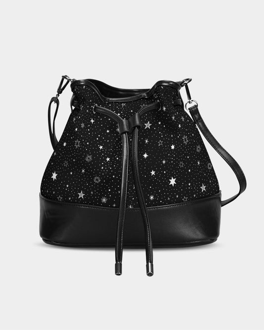 Stars Mini Bucket Bag, Black White Space Handbag Purse Women Ladies Canvas Vegan Leather Drawstring Designer Small Shoulder Strap Luxury - Starcove Fashion