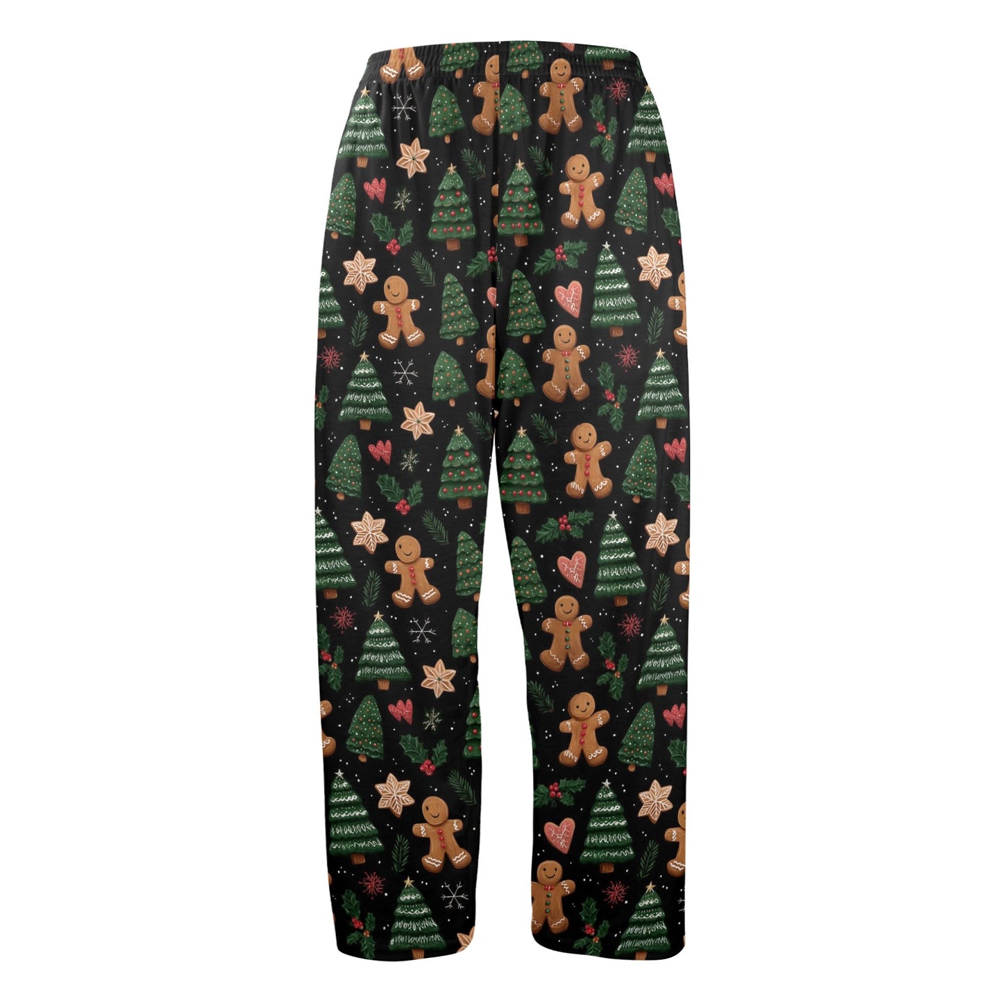 Gingerbread man Christmas Men Pajamas Pants, Black Green Festive Trees Xmas PJ Pockets Sleep Lounge Trousers Guys Male Sleepwear Bottoms