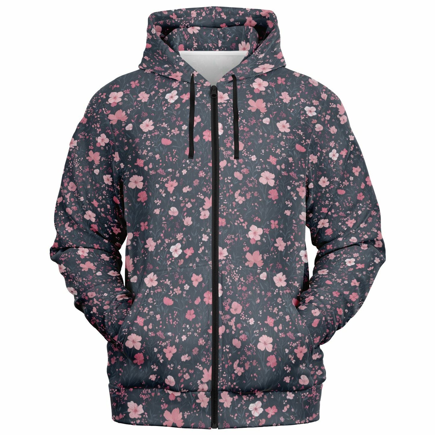 Floral Pink Zip Up Hoodie, Ditsy Flowers Full Zipper Pocket Men Women Unisex Adult Aesthetic Graphic Cotton Fleece Hooded Sweatshirt