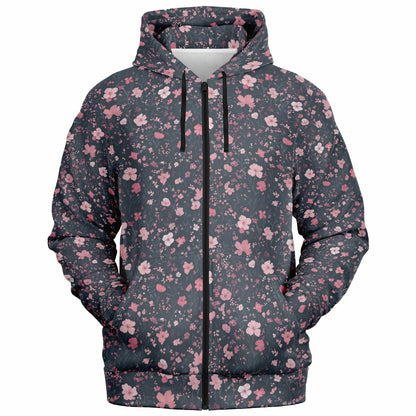 Floral Pink Zip Up Hoodie, Ditsy Flowers Full Zipper Pocket Men Women Unisex Adult Aesthetic Graphic Cotton Fleece Hooded Sweatshirt