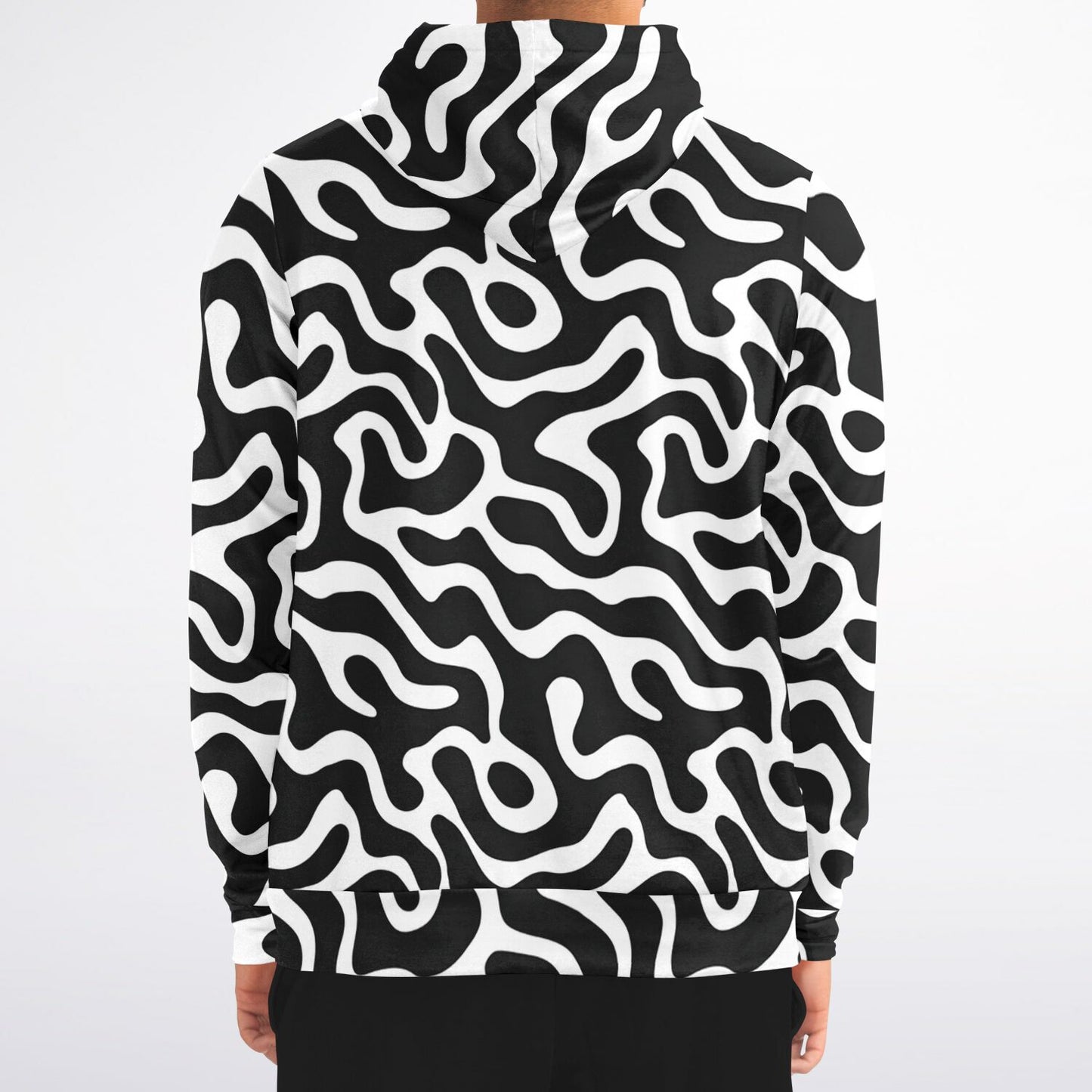 Black White Zip Up Hoodie, Trippy Psychedelic Wavy Groovy Funky Full Zipper Pocket Men Women Unisex Adult Cotton Fleece Hooded Sweatshirt