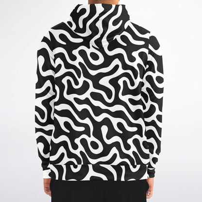 Black White Zip Up Hoodie, Trippy Psychedelic Wavy Groovy Funky Full Zipper Pocket Men Women Unisex Adult Cotton Fleece Hooded Sweatshirt