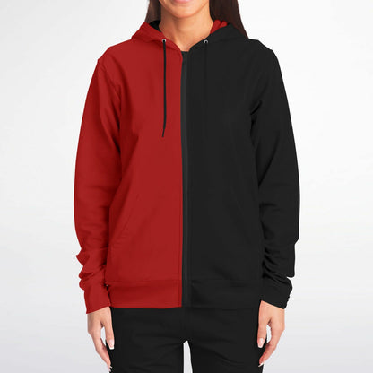 Half Black Half Red Zip Up Hoodie, Two Tone Color Split Full Zipper Pocket Men Women Unisex Adult Graphic Cotton Fleece Hooded Sweatshirt