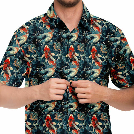 Koi Fish Men Button Up Shirt, Japanese Asian Wave Ocean Beach Short Sleeve Print Casual Buttoned Down Summer Guys Collared Designer Dress
