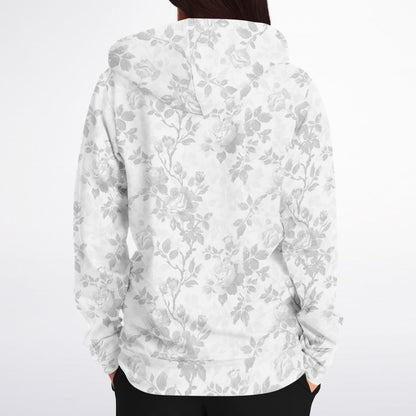 White Floral Zip Up Hoodie, Flowers Full Zipper Pocket Men Women Unisex Adult Aesthetic Graphic Cotton Fleece Hooded Sweatshirt - Starcove Fashion