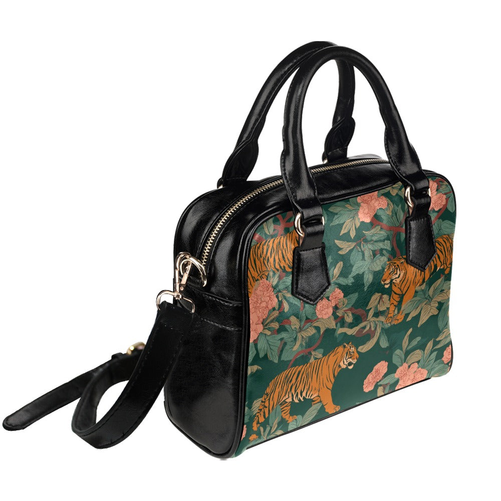 Tiger Purse, Animal Jungle Floral Flowers Print Panther Puma Pattern Cute Small Shoulder Bag Vegan Leather Women Designer Handbag Crossbody
