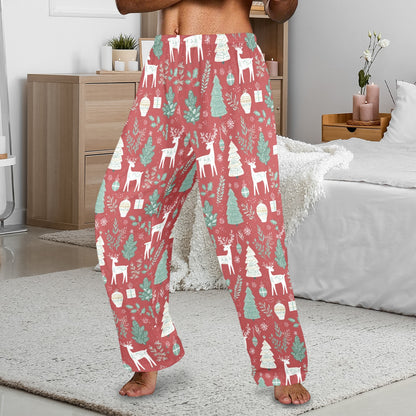 Red Christmas Men Pajamas Pants, Reindeer Green Festive Holidays Decoration Xmas PJ Pockets Sleep Trousers Couples Matching Trouser Bottoms