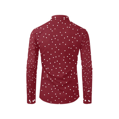 Red Long Sleeve Men Button Up Shirt, Festive White Dots Print Casual Buttoned Collared Designer Dress Shirt with Chest Pocket Guys Male