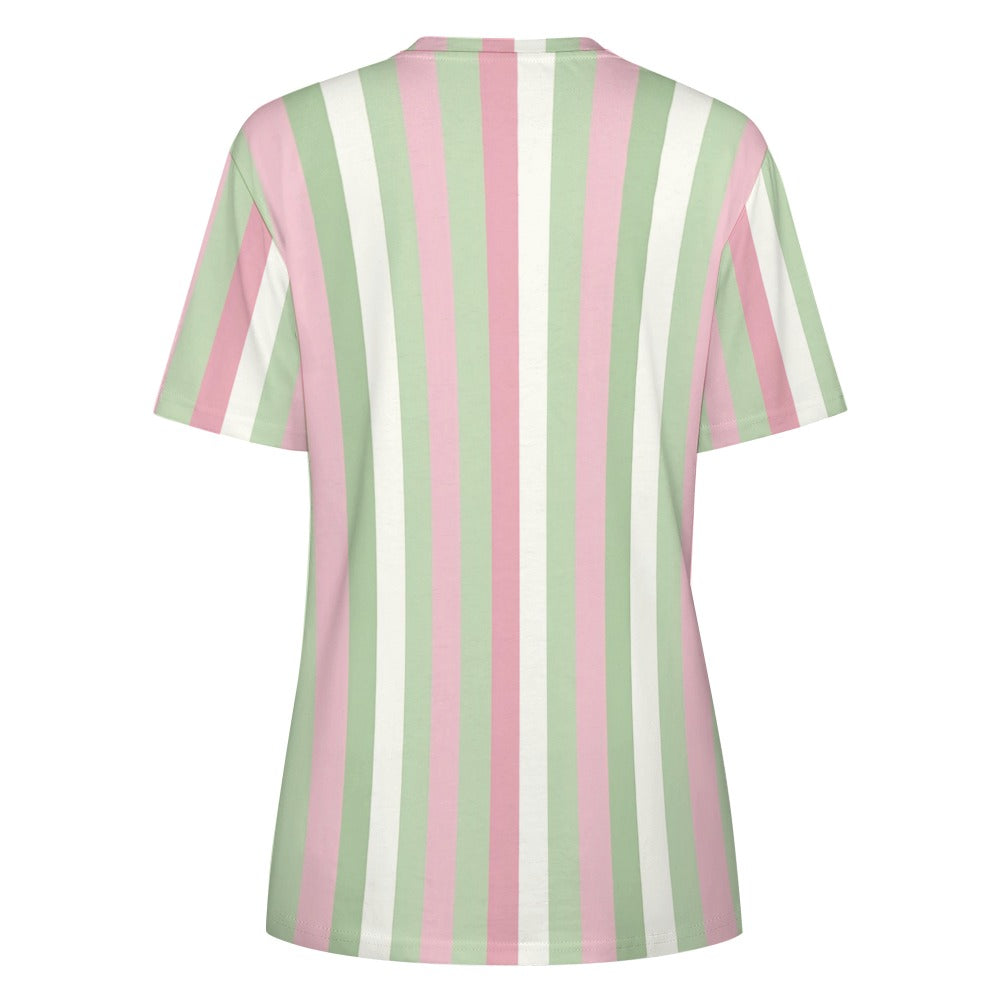 Pink Green Striped Women Cotton Tshirt, Vertical Stripes Ladies Female Designer Adult Aesthetic Fashion Fitted Crewneck Tee Shirt Top - Starcove Fashion