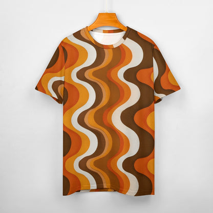 Vintage Retro Women Cotton Tshirt, 70s Brown Wavy Stripes Ladies Female Designer Adult Graphic Aesthetic Fitted Crewneck Tee Shirt Top - Starcove Fashion