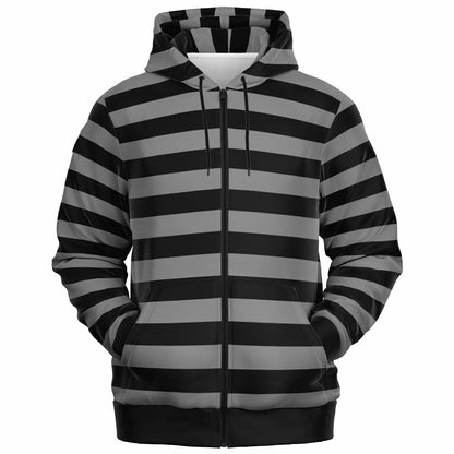 Black Grey Striped Zip Up Hoodie, Gray Stripes Full Zipper Pocket Men Women Unisex Adult Aesthetic Graphic Cotton Fleece Hooded Sweatshirt