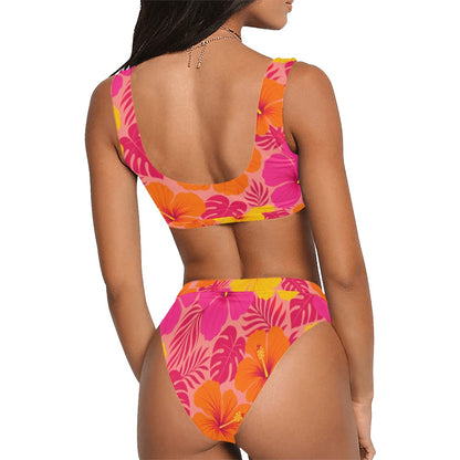 Matching Couple Swimwear Set, Tropical Hibiscus Bikini Set Pink Orange Floral Top High Waisted Cheeky Bottom Swimsuit Bathing Suit Two Piece