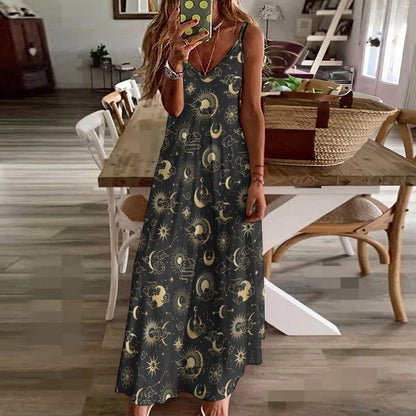 Sun Moon Maxi Dress, Space Constellation Stars Long Spaghetti Straps Flowy Women Sleeveless Designer Plus Size Cocktail Party Summer