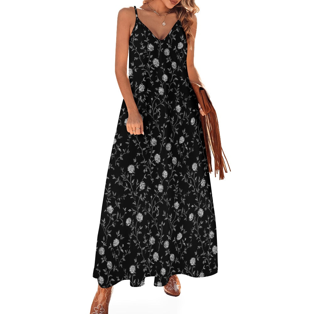 Black Floral Maxi Dress, White Flowers Long Spaghetti Straps Flowy Women Sleeveless Casual Cute Designer Elegant Plus Size Cocktail Party