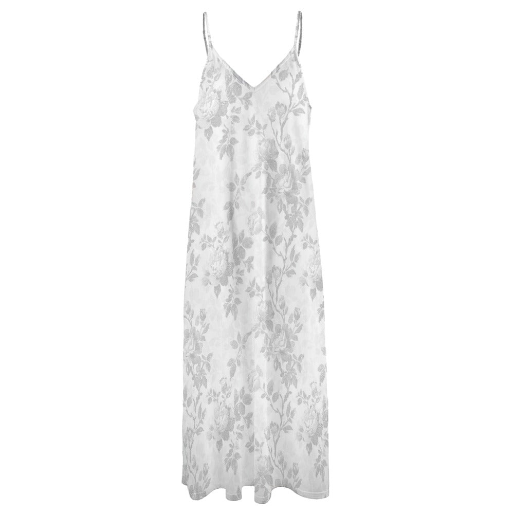 White Floral Maxi Dress, Flowers Long Spaghetti Straps Flowy Women Sleeveless Casual Cute Designer Elegant Plus Size Cocktail Party Summer
