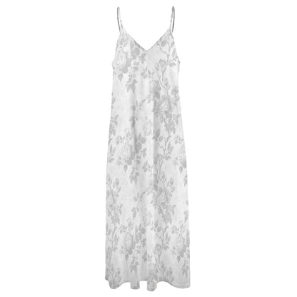 White Floral Maxi Dress, Flowers Long Spaghetti Straps Flowy Women Sleeveless Casual Cute Designer Elegant Plus Size Cocktail Party Summer