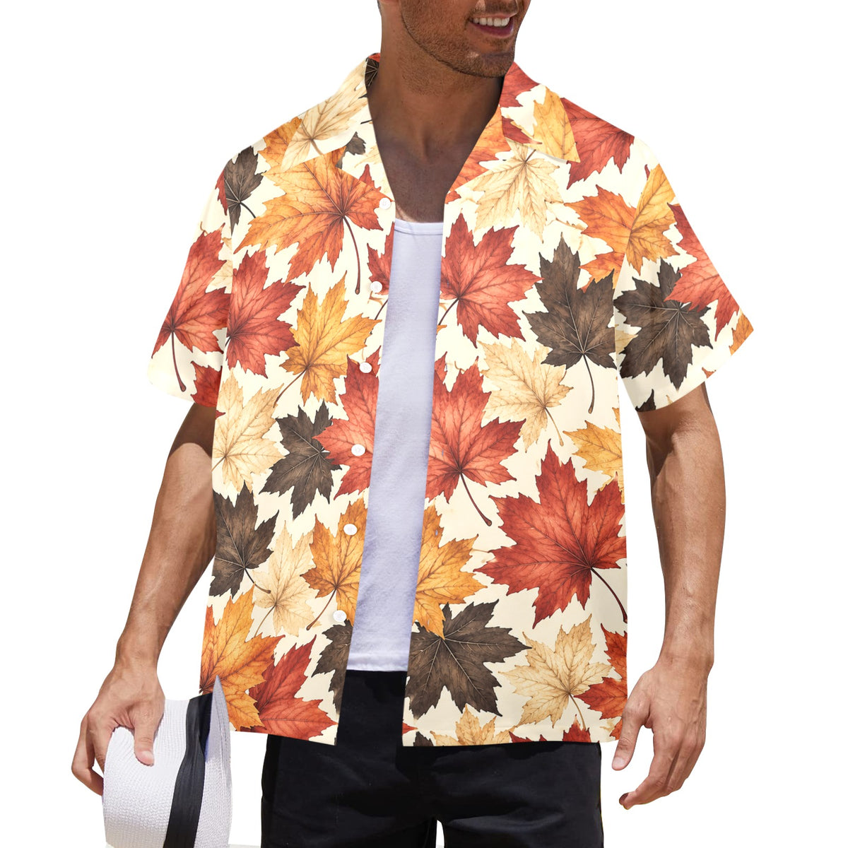 Fall Autumn Hawaiian Men Shirt, Maple Leaf Harvest Thanksgiving Beach Vintage Aloha Hawaii Tropical Plus Size Guys Button Down Vacation